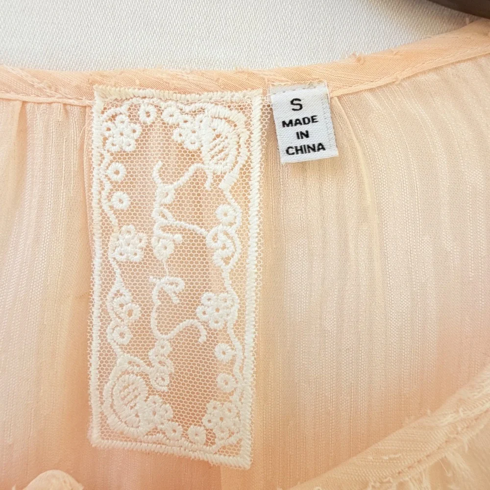 Sadie and Sage Womens Small Sheer Peach Blouse Ruffle Blouse Tiered Lace Fairy